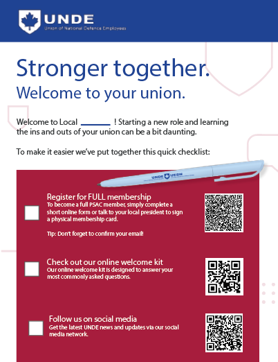 UNDE onboarding checklist for new Local presidents: register for full membership, read the online welcome kit, and follow UNDE on social media